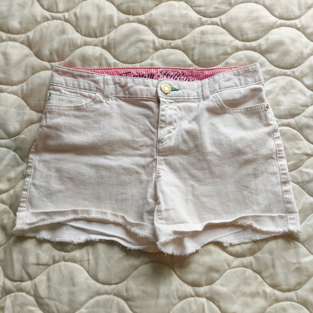 Tommy Hilfiger Womens White Denim Cut Off Shorts Size 4 Raw Hem Pink Seersucker